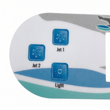 Close-up of the left side of a Balboa TP800 TidalFit 2-pump spa keypad overlay decal, showing the blue embossed button icons for Jet 1, Jet 2, and Light functions.