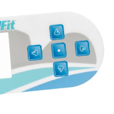 Close-up of the right side of a Balboa TP800 TidalFit 2-pump swim spa overlay sticker, showing the blue raised menu navigation arrow keys and center select button icon.