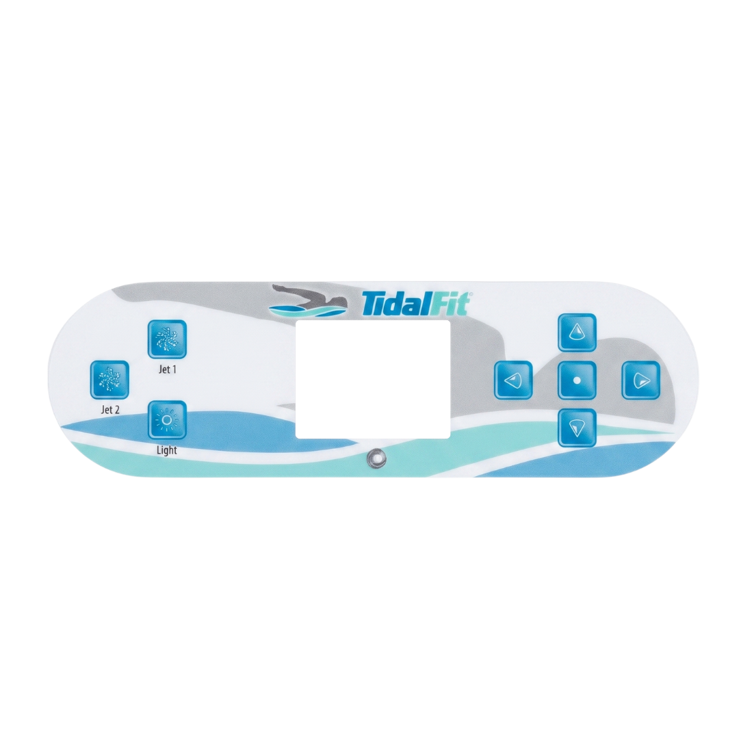 A replacement sticker overlay for a Balboa TP800 TidalFit 2-pump swim spa topside control panel, featuring a clear window for the digital display, directional navigation keys, and buttons for Jet 1, Jet 2, and Light.
