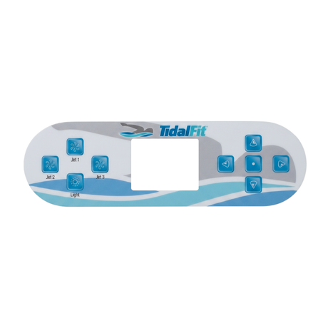 A replacement decal overlay for a Balboa TP800 TidalFit 3-pump swim spa touchpad controller, featuring a central display cutout, directional navigation arrows, and buttons for Jet 1, Jet 2, Jet 3, and Light.