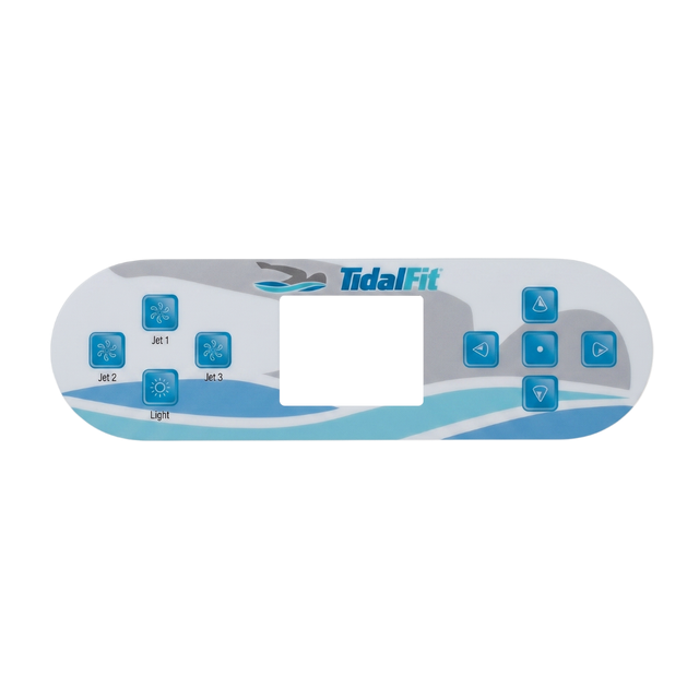 A replacement decal overlay for a Balboa TP800 TidalFit 3-pump swim spa touchpad controller, featuring a central display cutout, directional navigation arrows, and buttons for Jet 1, Jet 2, Jet 3, and Light.