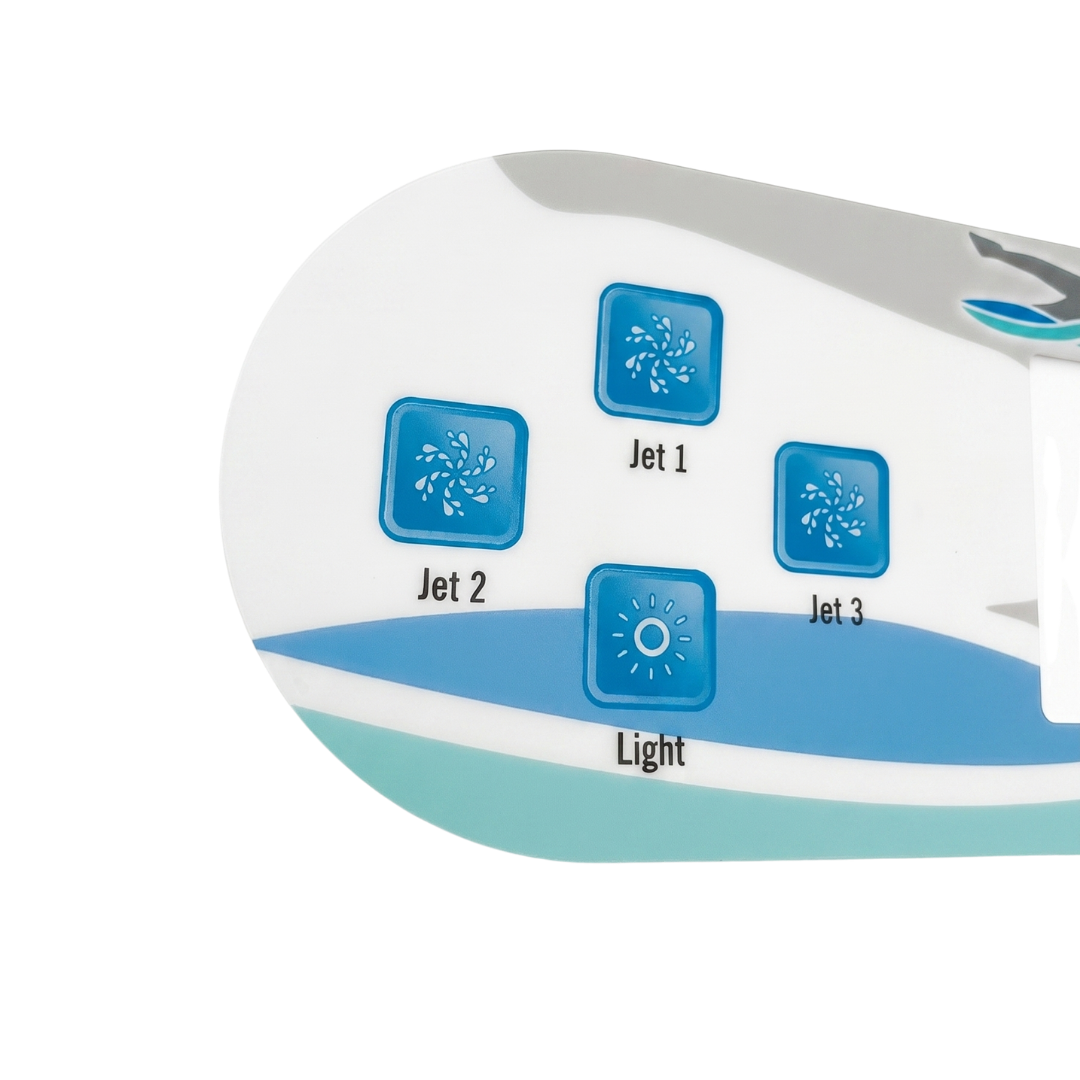 Close-up of the left-hand side of a Balboa TP800 TidalFit spa keypad overlay sticker, showing blue control buttons for Jet 1, Jet 2, Jet 3, and Light functions.