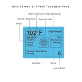 An instructional graphic showing the Main Screen of a Balboa TP800 touchpad controller panel, with user interface labels pointing out the status section, desired temperature, current water temperature, temperature range indicator, pump and heat settings, menus, lock icon, and diagnostic messages.