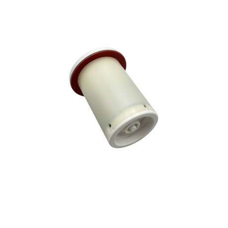 A rear angled view of an off white bath and pool spa pneumatic air button switch highlighting the internal air hose tubing nipple connection and red rubber flange washer gasket