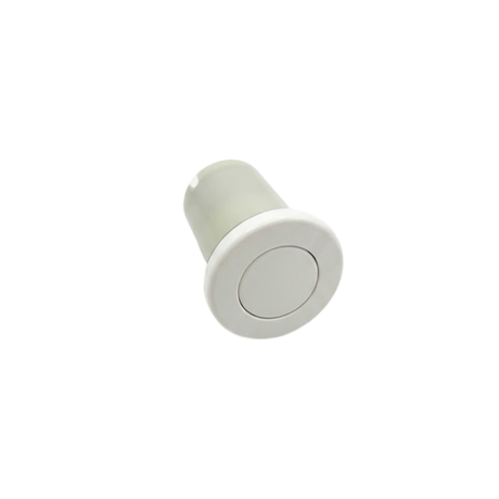 An angled front view of a white bath and pool spa pneumatic air button switch showing the smooth round face flange with a flat central plunger button