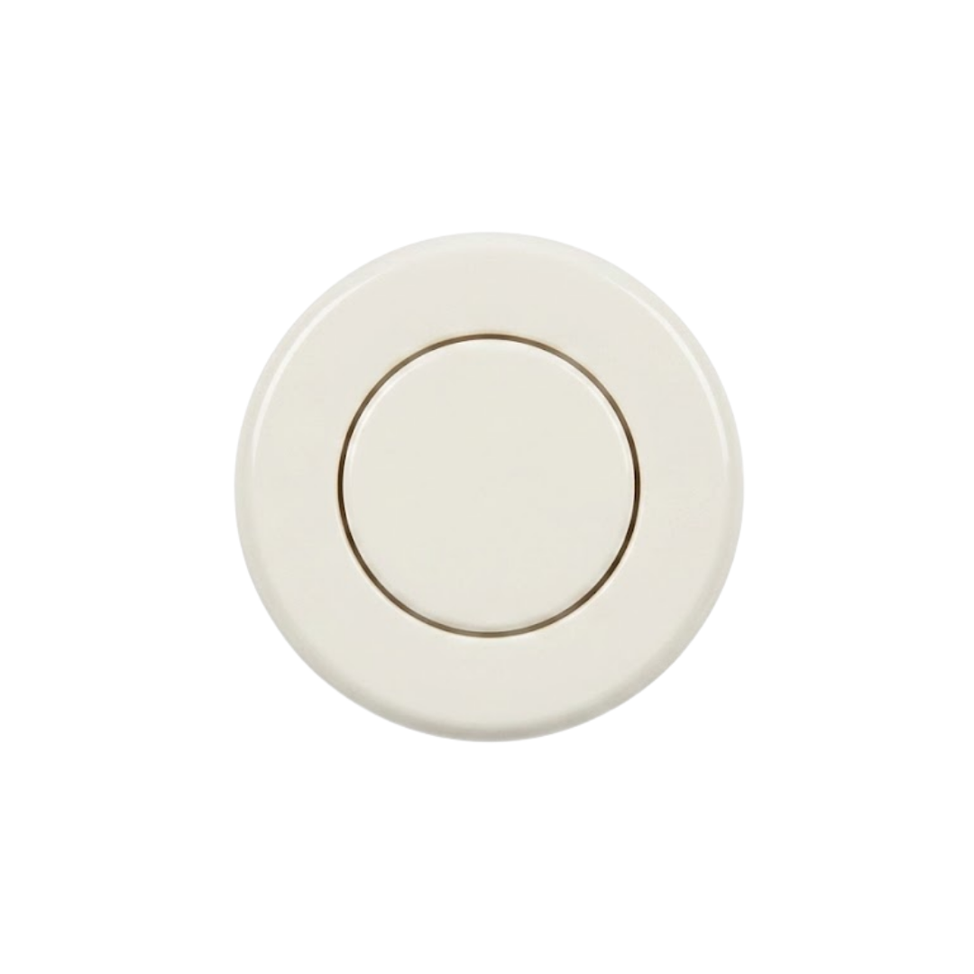 A top down overhead face view of a white bath and pool spa pneumatic air button switch showing the flat circular central plunger and outer concentric round bezel flange
