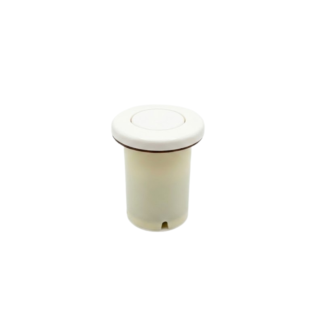 A straight side profile view of an upright white bath and pool spa pneumatic air button switch showing the round top bezel cap over the off white cylindrical body sleeve housing