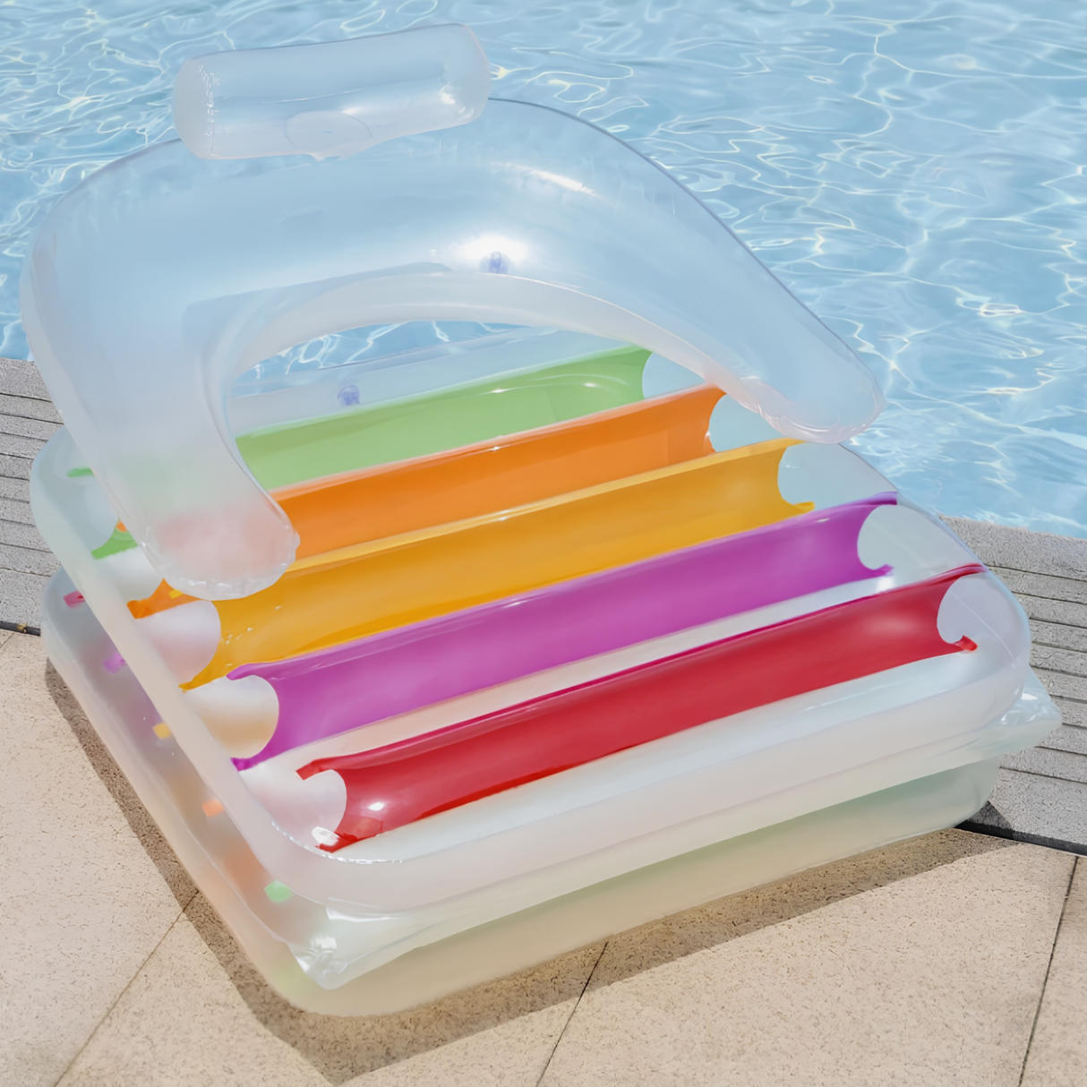The Bestway High Fashion Folding Lounge Chair pool float sitting folded in armchair mode on light-colored concrete pavers at the edge of a clear blue swimming pool.