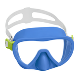 Bestway Hydro-Swim Lil Flapper kids diving mask in bright blue with a white adjustable head strap and lime green side buckles.