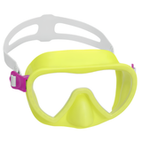 Bestway Hydro-Swim Lil Flapper kids diving mask in bright yellow with a white adjustable head strap and purple side buckles