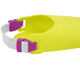 Close-up of Bestway Hydro-Swim Lil Flapper kids yellow flapper fin showing the white adjustable heel strap and purple side buckles