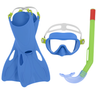Bestway Hydro-Swim Lil Flapper kids snorkel set including blue flapper fins, a blue diving mask, and a lime green snorkel tube with a red splash guard.
