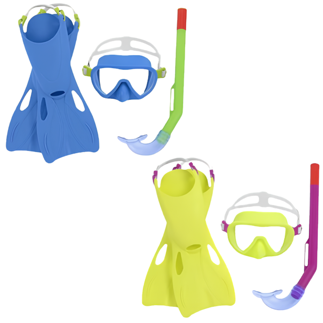 Two Bestway Hydro-Swim Lil Flapper kids snorkel sets featuring a blue mask with lime green fins and a yellow mask with purple snorkel gear.