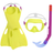 Bestway Hydro-Swim Lil Flapper kids swim training snorkel set featuring yellow flapper fins, a matching yellow diving mask, and a purple snorkel tube