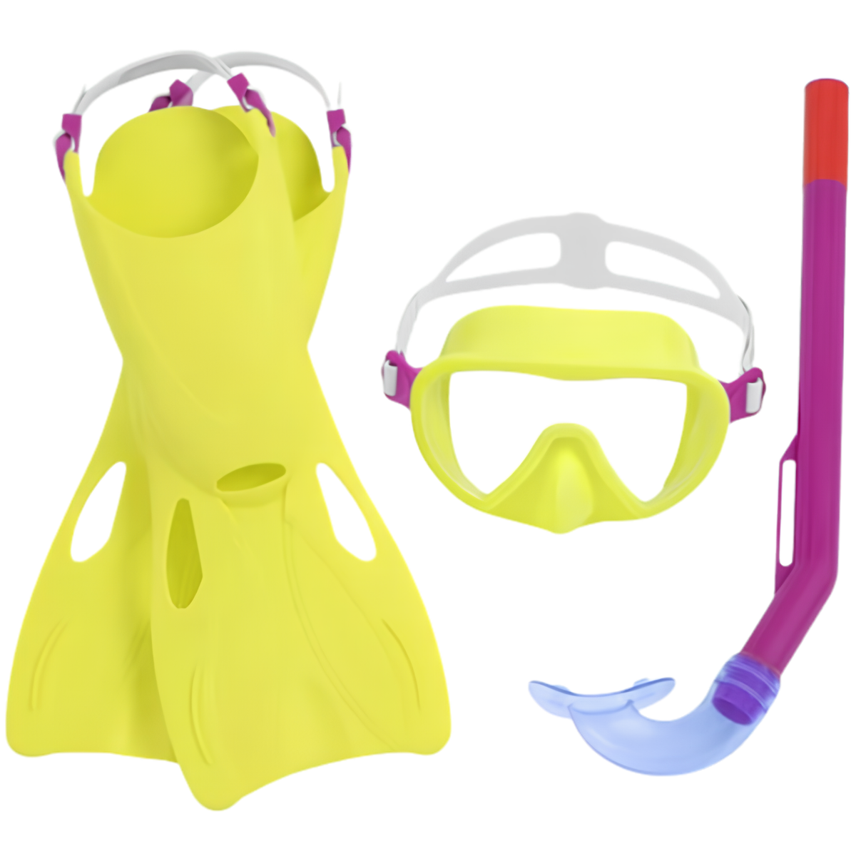 Bestway Hydro-Swim Lil Flapper kids swim training snorkel set featuring yellow flapper fins, a matching yellow diving mask, and a purple snorkel tube