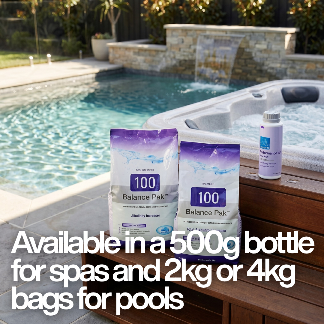 BioGuard Performance Up 500g bottle and Balance Pak 100 bags (2kg and 4kg) on a wooden spa deck, with text: "Available in a 500g bottle for spas and 2kg or 4kg bags for pools."