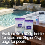 BioGuard Performance Up 500g bottle and Balance Pak 100 bags (2kg and 4kg) on a wooden spa deck, with text: "Available in a 500g bottle for spas and 2kg or 4kg bags for pools."