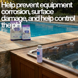 BioGuard Balance Pak 100 bags and Performance Up bottle by a pool and spa with text: "Help prevent equipment corrosion, surface damage, and help control the pH," illustrating total alkalinity benefits.