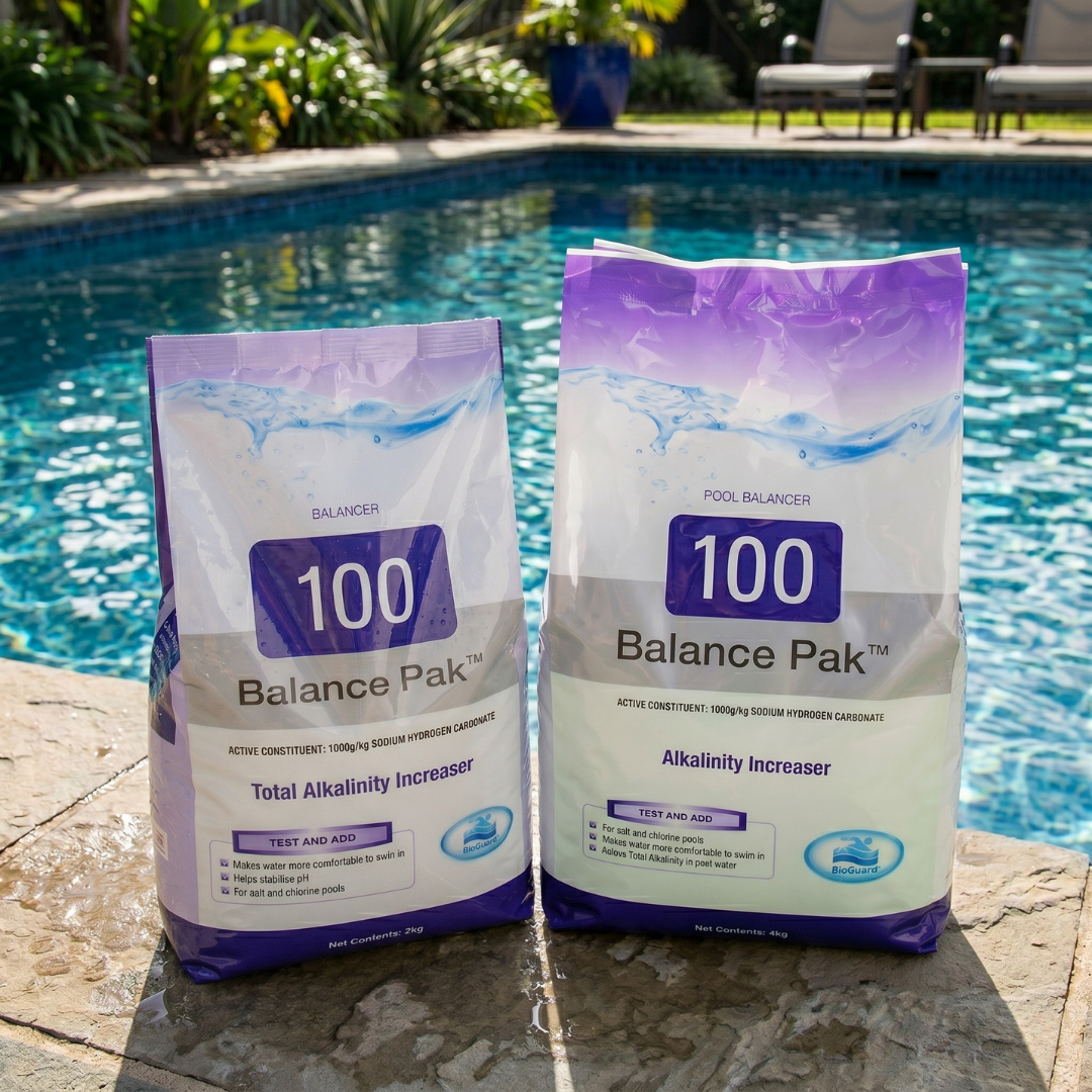 Two bags of BioGuard Balance Pak 100 Total Alkalinity Increaser in 2kg and 4kg sizes sitting poolside, used to stabilize pH levels and improve swimmer comfort in chlorine and salt pools.
