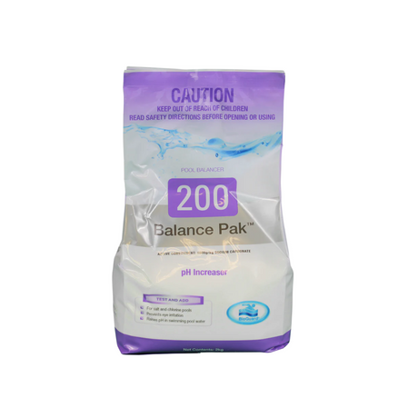 2kg bag of BioGuard Balance Pak 200 pH Increaser, a sodium carbonate pool balancer used to raise pH levels in salt and chlorine pools to prevent eye irritation.