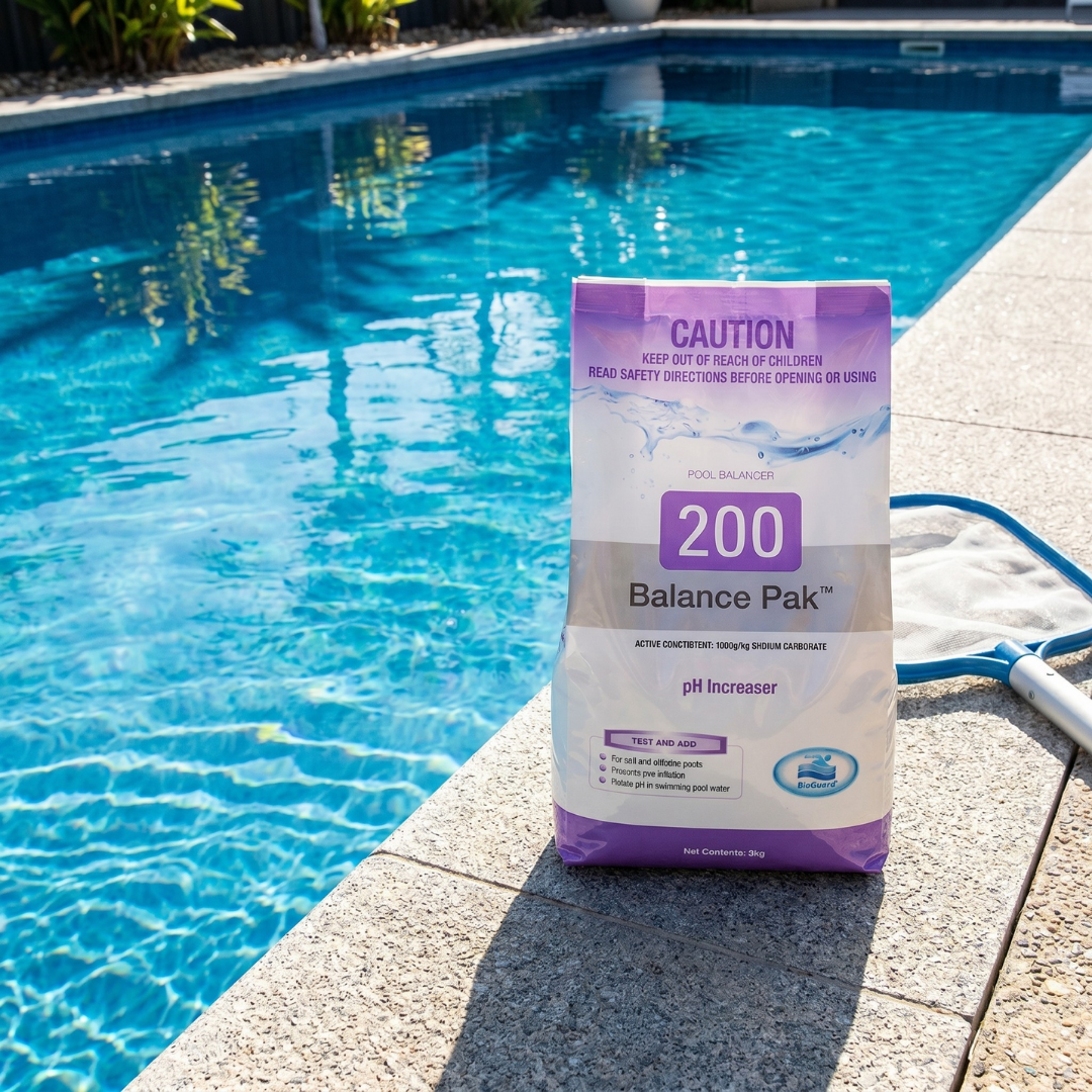 A 2kg bag of BioGuard Balance Pak 200 pH Increaser sitting on a concrete pool edge next to a skimmer net, used to raise pH in salt and chlorine swimming pools.