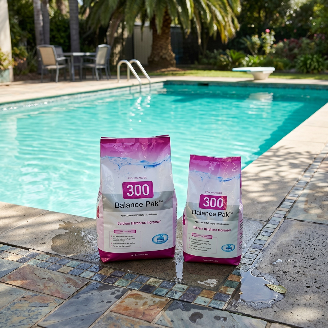 Two bags of BioGuard Balance Pak 300 Calcium Hardness Increaser in 2kg and 4kg sizes sitting poolside on a tiled stone patio, used to raise pool calcium levels.