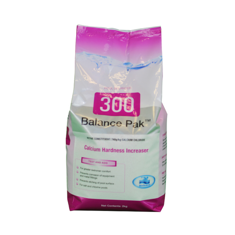 A 2kg bag of BioGuard Balance Pak 300 Calcium Hardness Increaser, a calcium chloride pool balancer used to prevent pool surface etching and metal equipment corrosion.