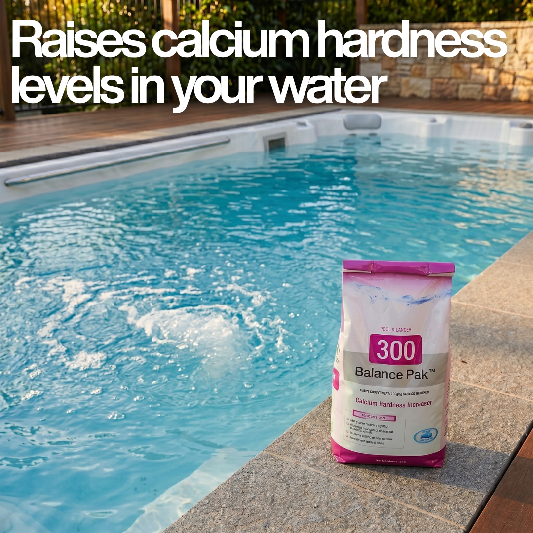 A 2kg bag of BioGuard Balance Pak 300 Calcium Hardness Increaser sitting on a stone edge next to a bubbling plunge pool, featuring white text overlay that says "Raises calcium hardness levels in your water."