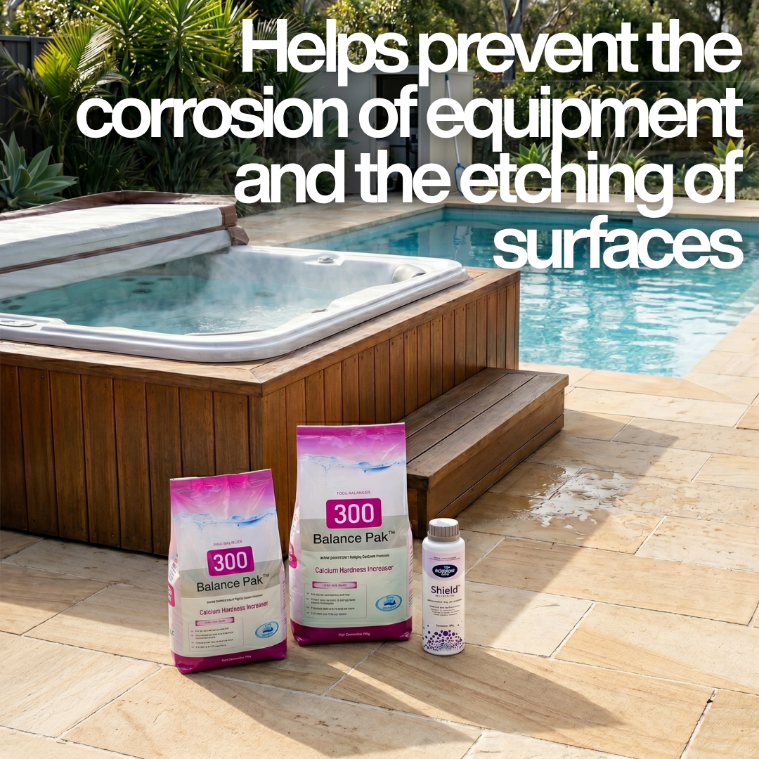 BioGuard Balance Pak 300 bags and Spa Shield bottle sitting on a stone patio between a pool and hot tub, with text: "Helps prevent the corrosion of equipment and the etching of surfaces."