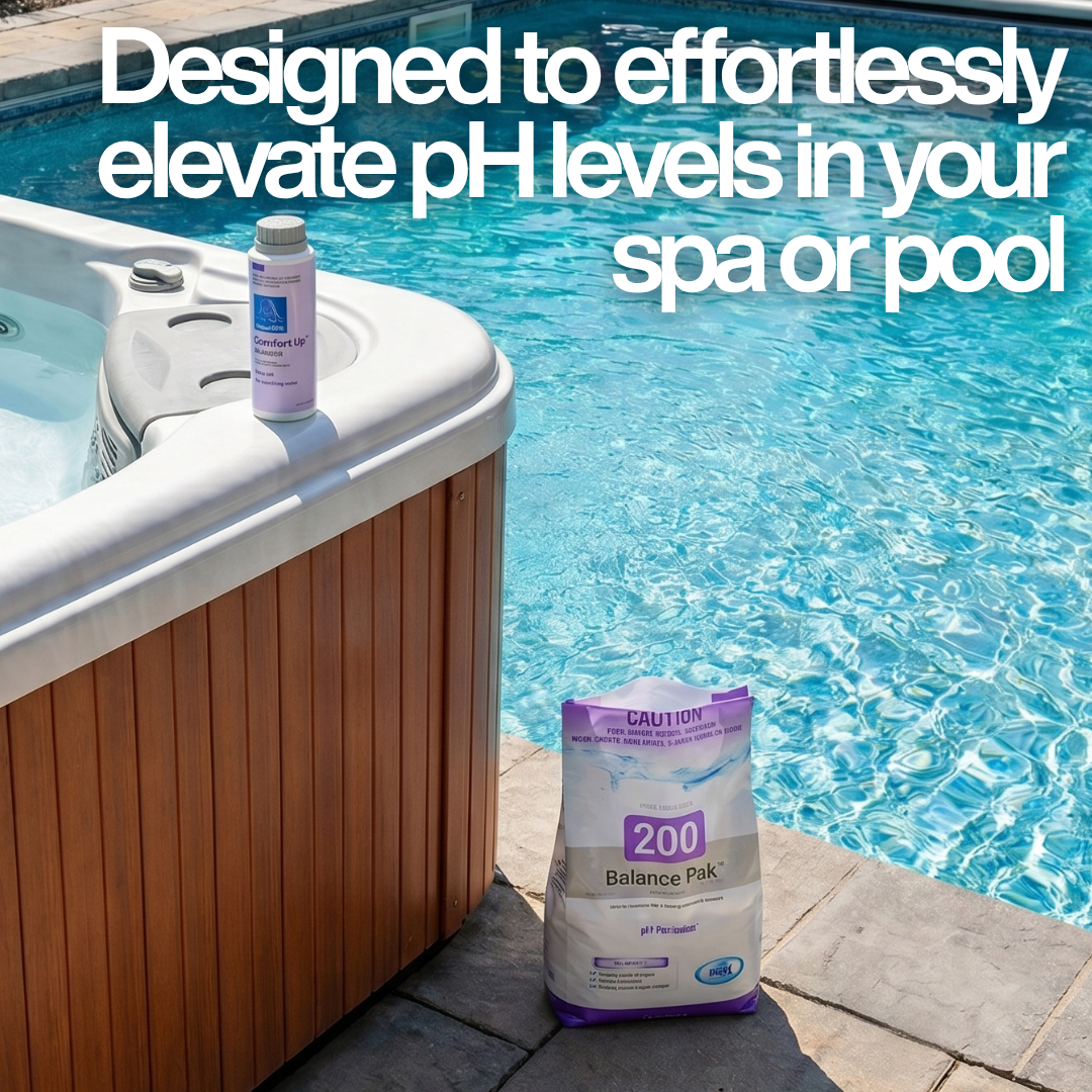 BioGuard Spa Comfort Up bottle on a hot tub edge and Balance Pak 200 bag poolside, with text: "Designed to effortlessly elevate pH levels in your spa or pool."