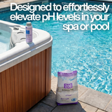 BioGuard Spa Comfort Up bottle on a hot tub edge and Balance Pak 200 bag poolside, with text: "Designed to effortlessly elevate pH levels in your spa or pool."