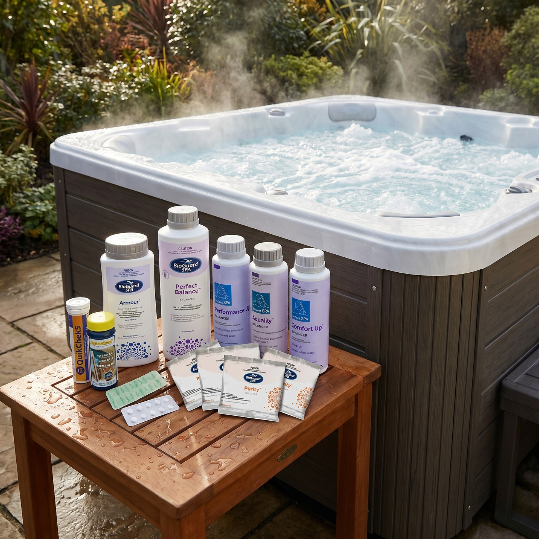 BioGuard SPA Eco-Spa chlorinator chemical startup kit with Armour sanitiser, Perfect Balance, water balancers, Spa Purity sachets, and test strips displayed on a wet wooden side table next to a steaming, bubbling outdoor hot tub.