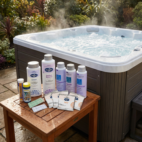 BioGuard SPA Eco-Spa chlorinator chemical startup kit with Armour sanitiser, Perfect Balance, water balancers, Spa Purity sachets, and test strips displayed on a wet wooden side table next to a steaming, bubbling outdoor hot tub.