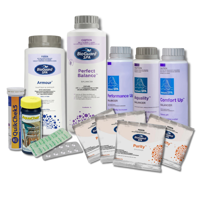 BioGuard SPA Eco-Spa chlorinator startup kit containing Armour sanitiser, Perfect Balance, Performance Up, Aquality, Comfort Up balancers, Purity oxidiser sachets, AquaChek salt test strips, QuikChek5 strips, and DPD water testing tablets.