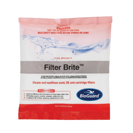 BioGuard Filter Brite 250g pool specialty treatment sachet designed to clean and sanitise sand, DE, and cartridge filters.