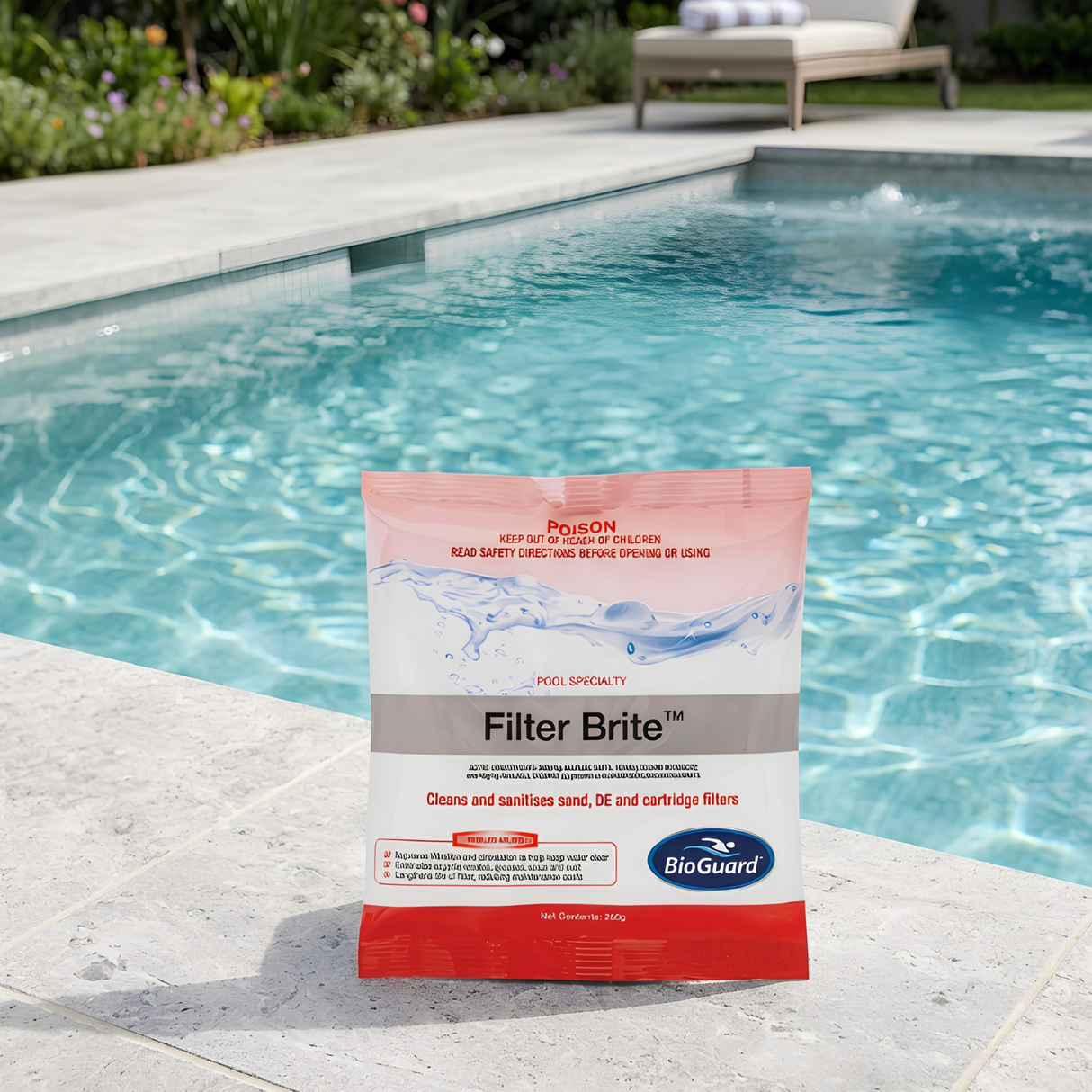 A sachet of BioGuard Filter Brite pool chemical cleaner sitting on a stone deck next to clear blue swimming pool water.
