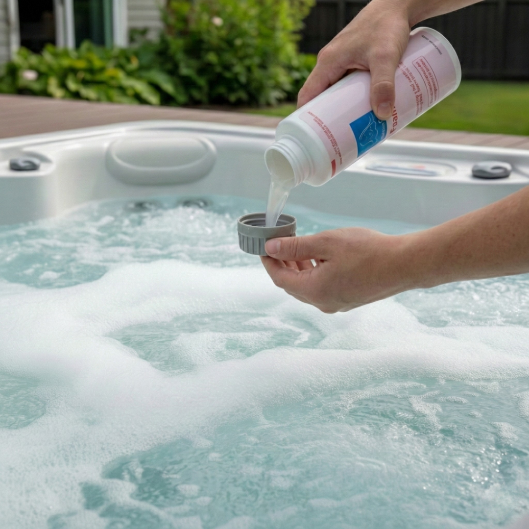 BioGuard SPA Foam Go into the bottle cap over a foaming hot tub to ensure correct chemical application