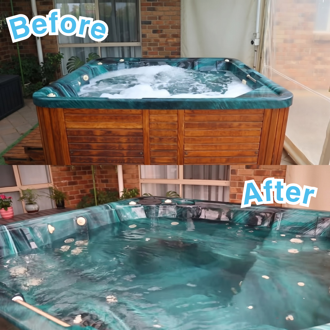 Side-by-side comparison of a wood-paneled hot tub: the top "Before" image shows thick white surface foam, and the bottom "After" image shows crystal clear water without bubbles.