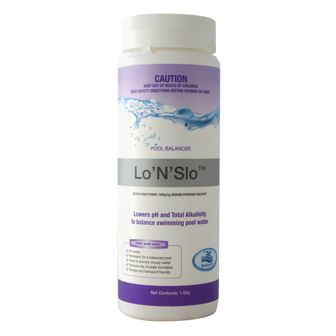 A 1.5kg bottle of BioGuard Lo’N’Slo Pool Balancer, a sodium hydrogen sulphate dry acid used to lower high pH and total alkalinity levels in swimming pools.