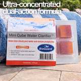 Close-up of BioGuard Mini Cube Water Clarifier 4-pack packaging featuring an ultra-concentrated dual-action formula to clear cloudy pool water and remove phosphates.