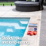 BioGuard Mini Cube Water Clarifier 4-pack featuring a steady release and long-lasting formula, displayed on a granite pool deck next to a clean outdoor swimming pool.