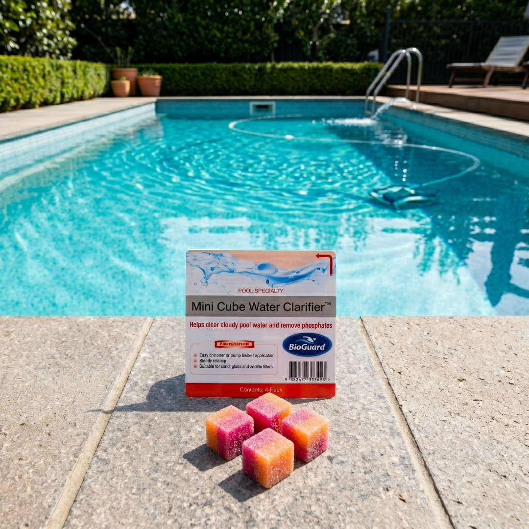 BioGuard Mini Cube Water Clarifier 4-pack and four treatment cubes sitting poolside, showing a clean, sparkling backyard swimming pool with a pool cleaner in the background.