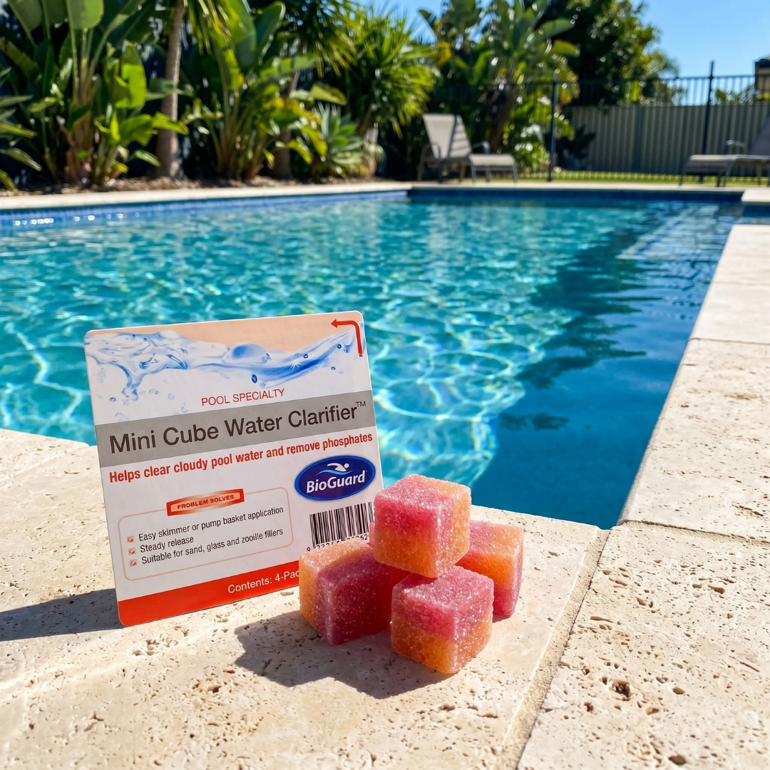 A stack of four BioGuard Mini Cube Water Clarifier tablets on a travertine pool coping with a bright, sunlit blue swimming pool in the background, used for professional-grade pool maintenance.