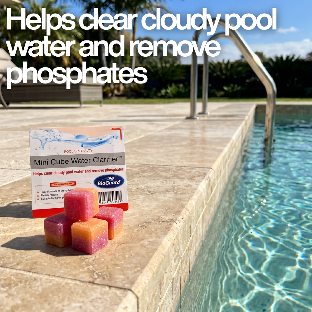 BioGuard Mini Cube Water Clarifier gel cubes on stone coping by a swimming pool with text overlay: Helps clear cloudy pool water and remove phosphates.
