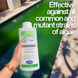 A hand holding a bottle of BioGuard MSA Extreme Pool Algaecide over a green, algae-filled swimming pool. Text overlay reads "Effective against all common and mutant strains of algae