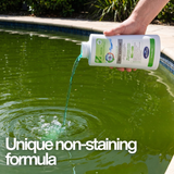 BioGuard MSA Extreme copper-based algaecide being poured into a green swimming pool. Text overlay emphasizes the "Unique non-staining formula," highlighting its safety for all pool surfaces.