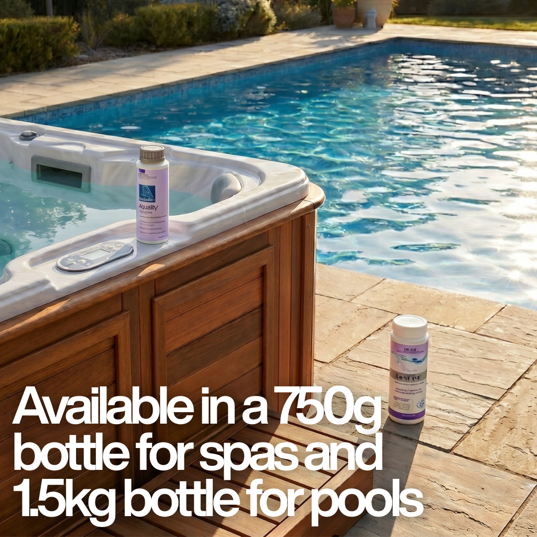 BioGuard Spa Aquality 750g bottle on a hot tub edge and BioGuard Lo’N’Slo 1.5kg bottle poolside, with text: "Available in a 750g bottle for spas and 1.5kg bottle for pools."
