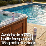 BioGuard Spa Aquality 750g bottle on a hot tub edge and BioGuard Lo’N’Slo 1.5kg bottle poolside, with text: "Available in a 750g bottle for spas and 1.5kg bottle for pools."
