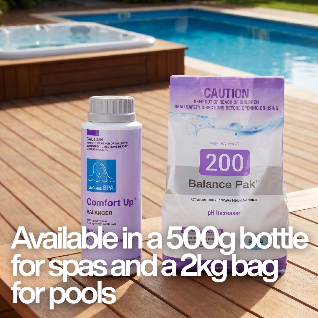 BioGuard Spa Comfort Up 500g bottle and Balance Pak 200 2kg bag on a wooden deck by a pool and spa, with text: "Available in a 500g bottle for spas and a 2kg bag for pools."