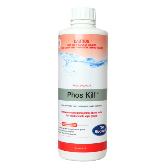 Studio product shot of a 1-liter bottle of BioGuard Phos Kill phosphate remover isolated on a clean white background.